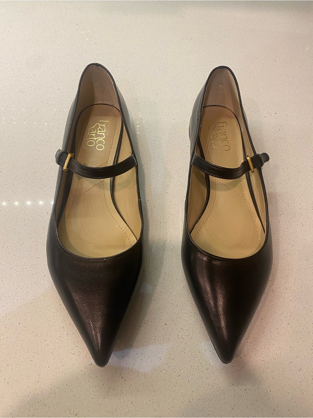 New Franco Sarto Black Pointed Mary Jane Flats with Gold Buckle